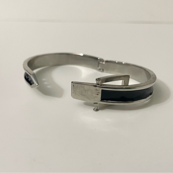 Adjustable Belt Black & Silver Enamel Paint Metal Hinged Bangle Bracelet - Picture 11 of 13